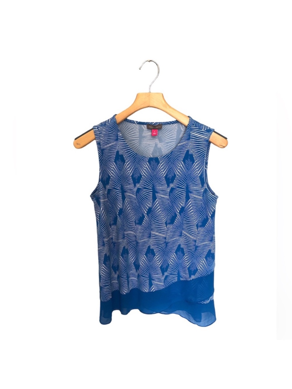 Vince Camuto Blue White Patterned Sleeveless Sheer Ruffled Tunic Size Small EUC